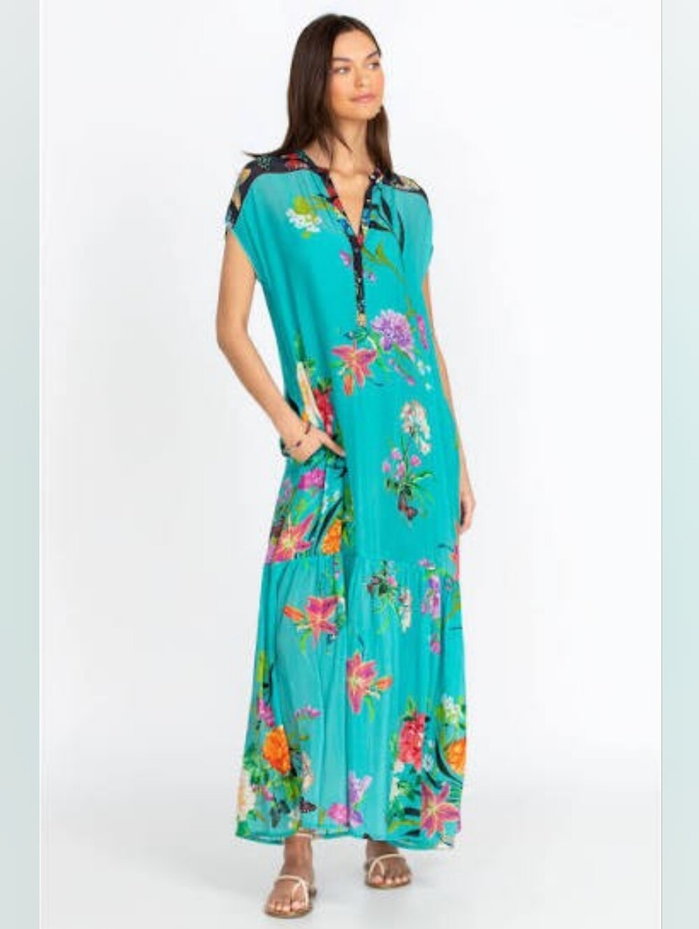 JOHNNY WAS PANYA ALBA Maxi Dress. BEAUTIFUL Turquoise w Colorful Floral Print.